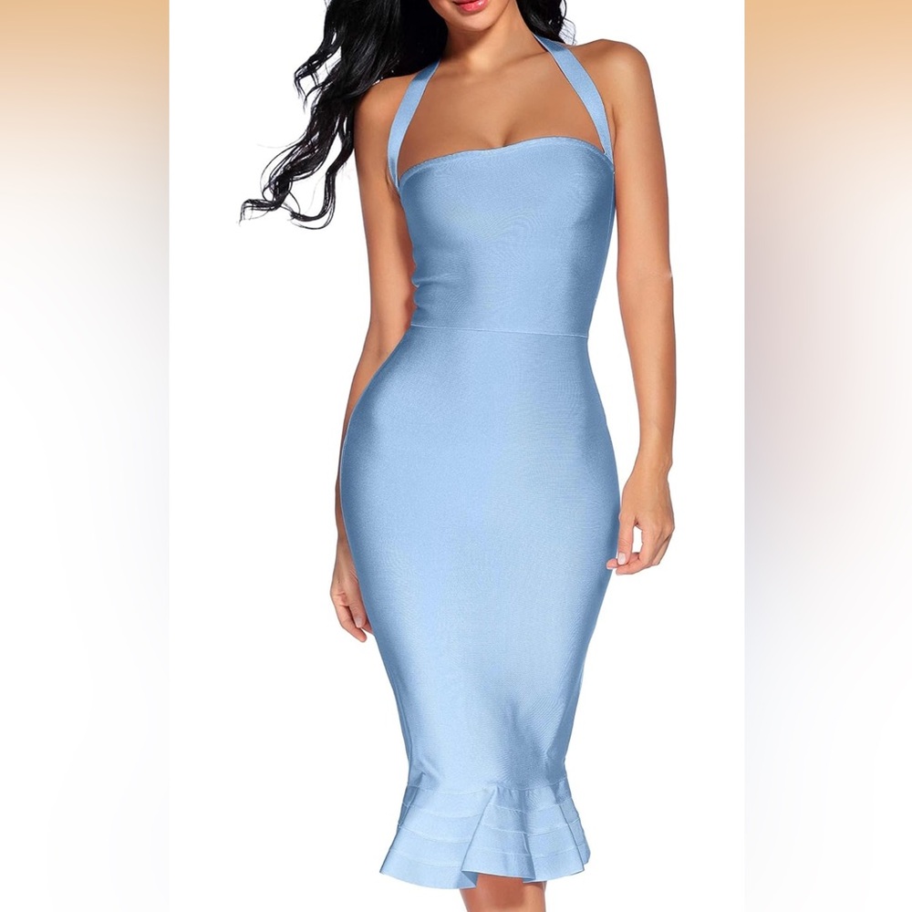Elegant Blue Halter Bandage Dress